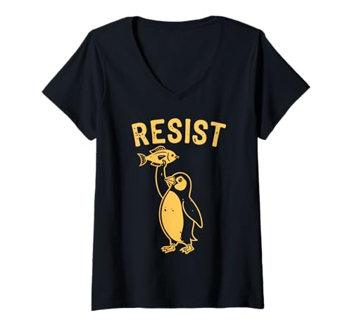 Damen RESIST Pinguin - We Stand With Penguins - Cute Protest T-Shirt mit V-Ausschnitt