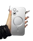 Nekiyo Tech Magnetic Case Compatible with iPhone 16, Built-in Camera Lens Protector, Slim Soft Silicone Bumper Shockproof Metallic Luster – Sliver
