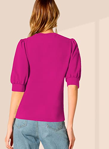 Image of Dream Beauty Fashion Women's Puff Sleeve Round High Neck Top Balloon Bishop Sleeve Elegant Casual Tee (23 inch Inches)- (Top Sofia P)