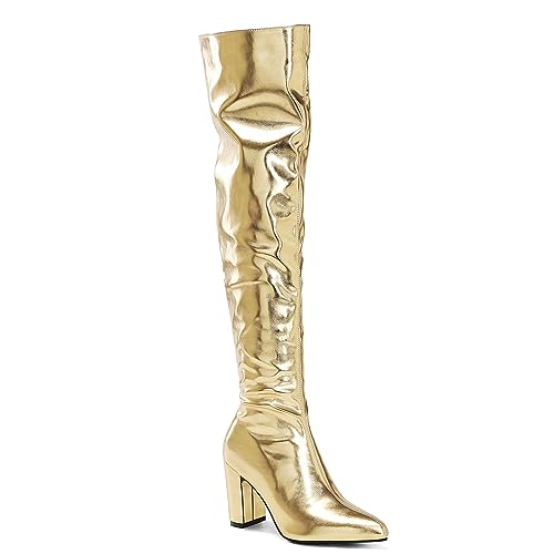 Betastella Metallic Thigh High Boots Chunky Heel Pointed Toe Knee High Boots Side Zip Wide Calf Long Boots for Women