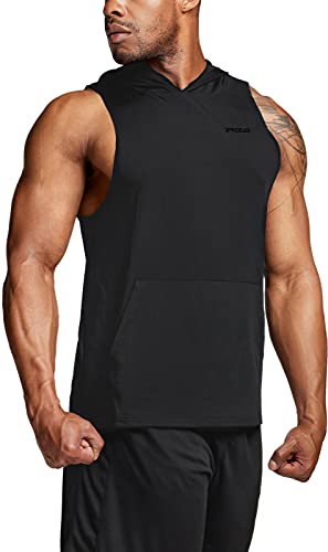 Tsla Men's Muscle Tank Tops, Dry Fit Sleeveless Hoodie Workout Shirts, Cut Off Athletic Gym Shirt, Hoodie Black/Black, X-Large #TOP1