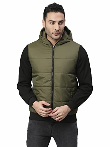Image of Dennis Lingo Polyester Regular Fit Full Sleeves Men's Color Block Hooded Puffer Jacket with 2 Pockets - Lightweight Casual Winterwear for Men