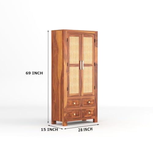 Image of Solid Sheesham Wood Bookshelf Cabinet with Cane Rattan Doors & 4 Drawers | Wooden Book Storage Unit for Home Library, Living Room & Office (Honey Finish)