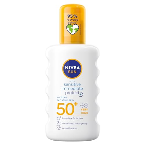 NIVEA SUN Protect and Sensitive Sun Spray (200 ml) Sunscreen with SPF50 Suncream for Sensitive Skin with Aloe Vera Immediately Protects Against Sun Exposure