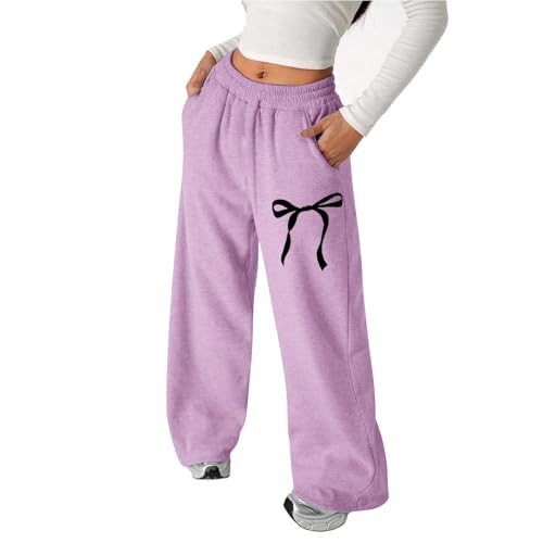 Girls Sweatpants Bowknot Straight Leg Athletic Baggy Pants Lightweight Comfy Cute Clothes Teen Lounge Joggers - Main Image