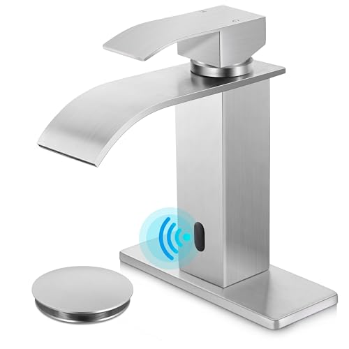 Image of Herogo Touchless Bathroom Sink Faucet, Automatic Sensor Brushed Nickel Waterfall Stainless Steel Bathroom Faucet with Brass Pop Up Drain for Vanity RV Lavatory Farmhouse