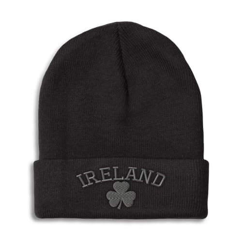 Speedy Pros Beanies for Men Ireland Shamrock Gray Embroidery Irish Flag Winter Hats for Women Acrylic Skull Cap 1 Size Black Design Only