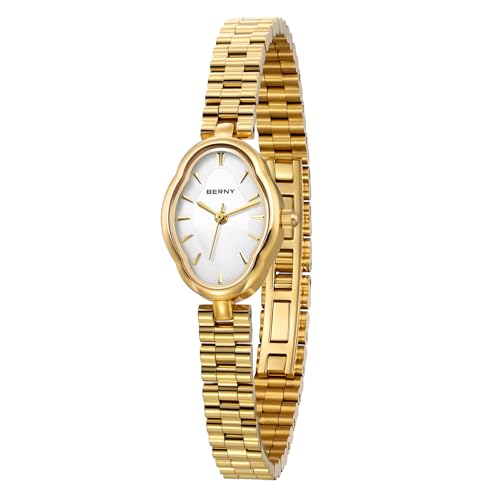 BERNY Gold Watches for Women Dainty Ladies Quartz Watch Vintage Copper Mirrors Shape Japanese Quartz Movement 3ATM Waterproof Fashion Female Wrist Watch Luxury Birthday Gifts