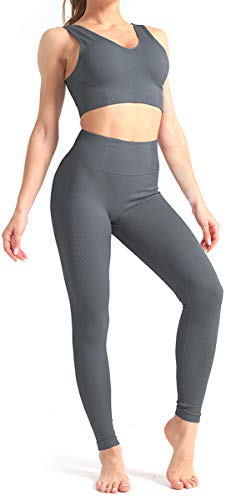 CNASA Conjunto de 2 piezas de entrenamiento sin costuras supersuaves y profundo cuello en V + leggins set de yoga ropa deportiva Gris gris oscuro S