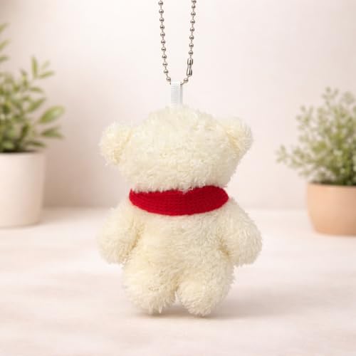 Image of Snow White Plush Teddy Bear Keychain with Red Knitted Scarf & Silver Ball Chain - Soft Fluffy Mini Bear Charm with Warm White Fur Finish, Cute Aesthetic Hanging Accessory for Keys, Bags