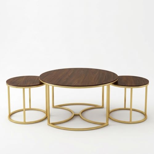 Image of 3 Piece Living Room Table Set, 1 Center Table and 2 End Nesting Tables NO-Tools Assembly Round Stacking Coffee Side Tables for Small Spaces, Nightstand Bedside Table