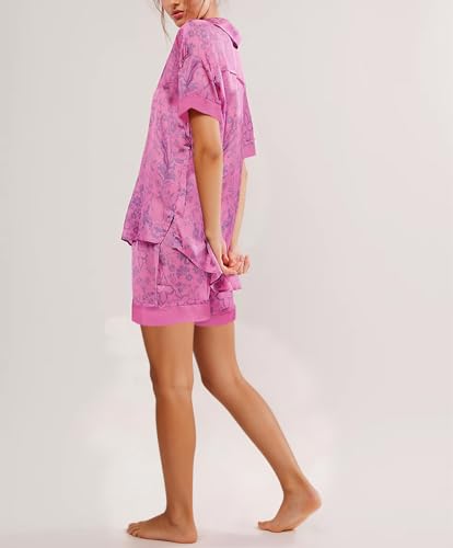 Image of Women Silk Pajamas Floral Satin 2 Piece Pajama Sets | Button Down Short Sleeve Shirt and Elastic High Waist Shorts, Vintage 2Pcs Pj Sets, Two Piece Lounge Set, Elegant Sleepwear
