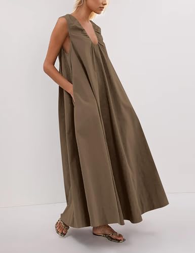 Image of OLAPTA Women Summer Sleeveless Maxi Dress Scoop Neck Ruched Loose Fit Casual Elegant Solid Vacation Long Dress with Pockets