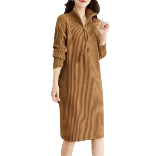Damen Strickkleid mit Rollkragen, langärmelig, Reißverschluss, Patchwork, All-Match-Kleider, khaki, 3XL
