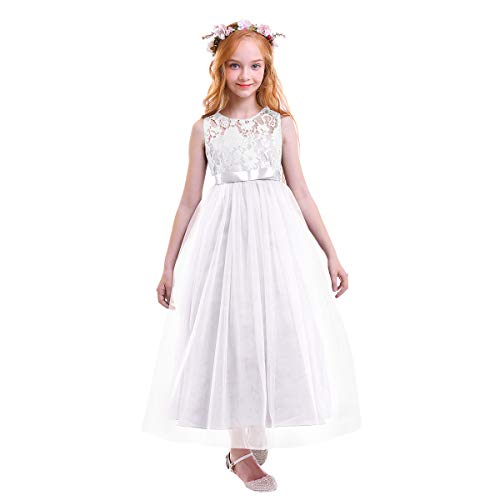OBEEII Fille Robe Floral Dentelle sans Manches Robe Formelle Princesse Tulle Longue Habiller pour Première Communion Mariage Demoiselle d'honneur Fête Anniversaire Soirée Dance Prom Baptême 13-14 Ans