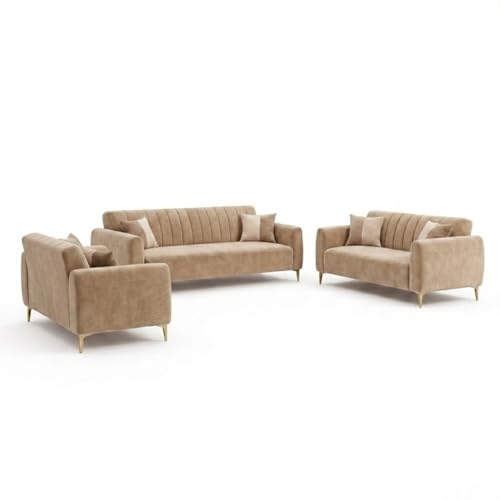 Image of Habibi Rich Velvet Suede 3+2+2 Seater Sofa Set | Spacious Soft Touch Comfort Seating | 7 Person Seating | Modern Living Room Sofa Set (Beige)