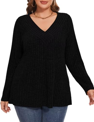 MONNURO Plus Size Women's Long Sleeve Sweater Tops V-Neck Loose Fit Dressy Fall Tunic Sweater3