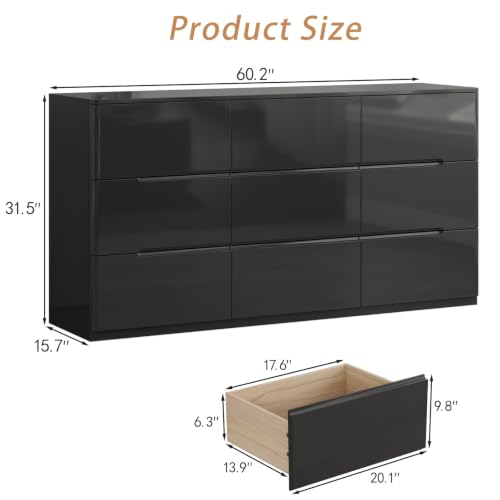 Image of Black Dresser for Bedroom, 60.2 inch Wide 9 Drawer Dresser, Modern High Gloss Dresser Chest of Drawers, Wooden Dressers Organizer for Bedroom, Closet