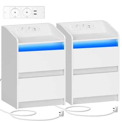 Hzuaneri Tables de Chevet avec lumières LED, Lot de 2, Station de Chargement et 2 tiroirs, Table d'appoint avec Ports USB et Prises électriques, pour la Chambre à...