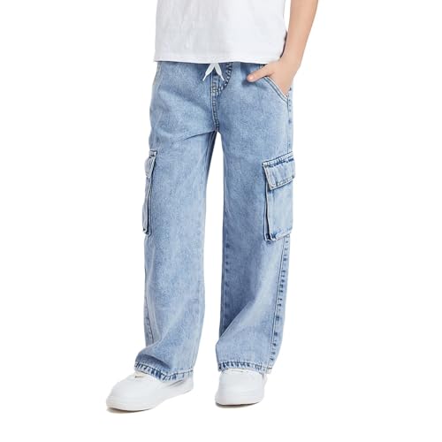 Boys Baggy Cargo Jeans Wide Leg Straight Denim Trousers Vintage Streetwear Pants with Multi Pockets3