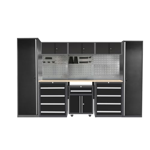 Garage Storage Cabinet Set with Workbench System, Included Tool Cart, for Auto Repair Shop Basement Factory