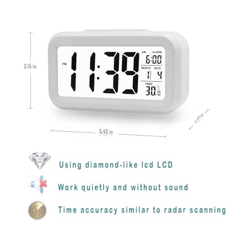 Image of DTL Digital Alarm Clock LED Display with Temperature Big LCD Digit Display Larger LCD Backlit Display Snooze Smart Brightness Sensor for Bedroom Home Office and Travel (White)
