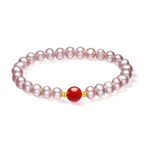 4.5/6.5mm Pearl Bracelet 18K Gold Bead Pink Purple Freshwater Pearl Stretch Beaded Bracelet Red Agate Bead Bracelet for Women Lady 6.7