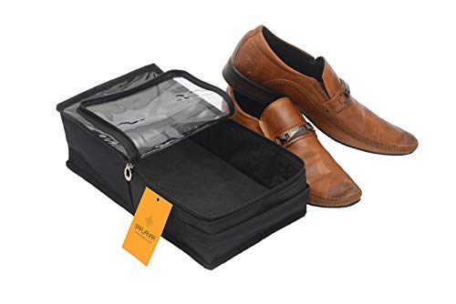 Image of Black Shoe Box for Travel & Storage | Men's Shoe Organizer Bag, Pouch & Cover | Waterproof Rexin Shoe Bag for Sports Shoes, Sneakers, Boots & Dress Shoes | Essentials Pack of 1