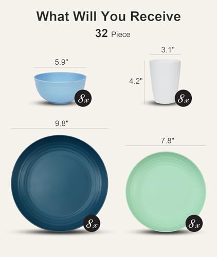 Image of Quatish 32 Piece Plates and Bowls Sets for 8, Unbreakable Dinnerware Sets, Dish Set for Camping, Dishwasher & Microwave Safe, Outdoor Kitchen and Apartment Dorm Dinning RV Essentials, Blue