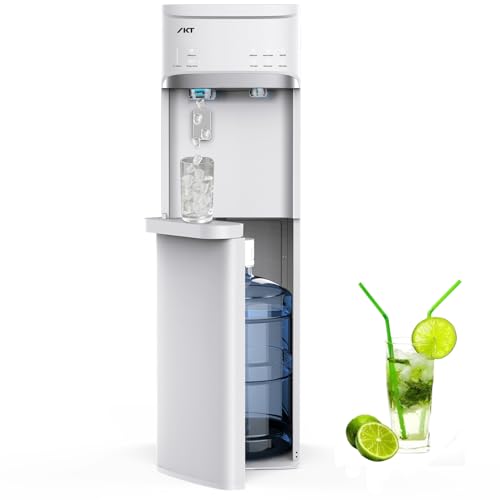 IKT Self-Cleaning Water Cooler Dispenser Built-in Ice Maker Bottom Load for 3-5 Gallon Bottle 3 Temperature with Child Safety Lock 22lbs Within 24hrs White