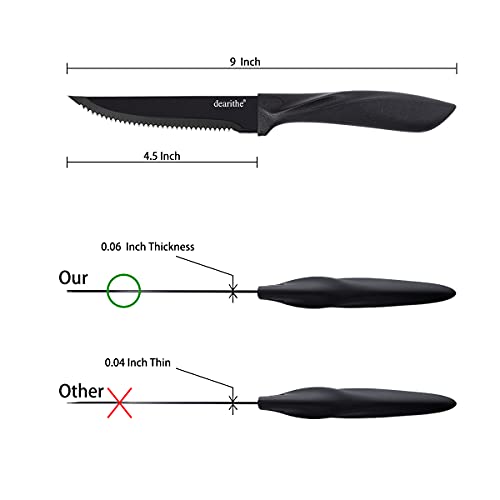 Steak knives set of 6, Black Serrated Stainless Steel Sharp Blade Flatware Steak Knife Set, 4.5 Inches,Non stick coating for Anti-rusting, for Restaurant Tableware Kitchen Camping