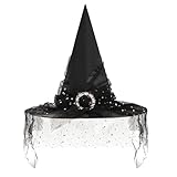 LJCZKA Sombrero de Bruja de Halloween Mujer Sombrero de Bruja Puntiagudo con Velo para Fiesta Halloween Cosplay (Negro)