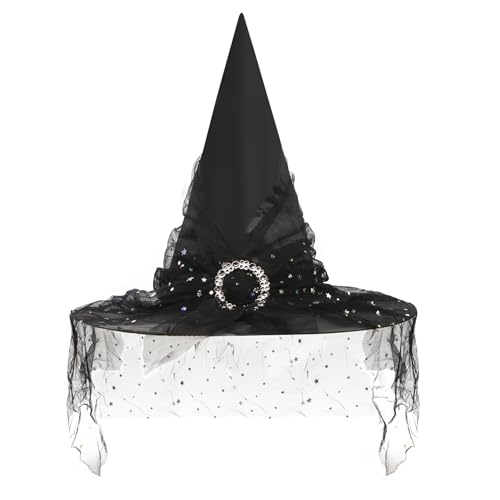 LJCZKA Chapéu de bruxa de Halloween mulher chapéu de bruxa pontiagudo com véu para festa Halloween Cosplay (preto)