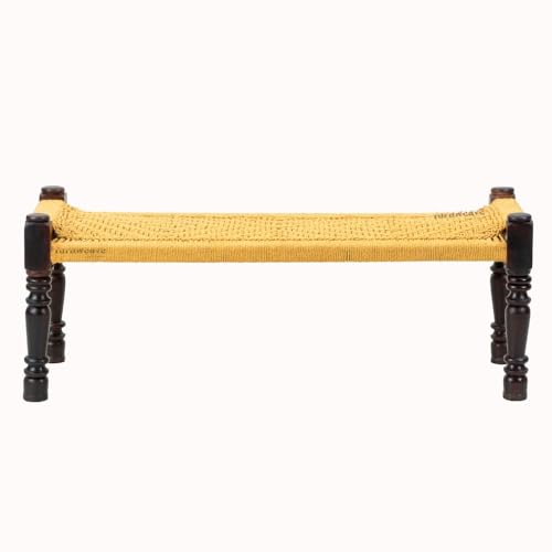 Image of Wooden Bench for Seating | Handcrafted Sheesham Wood Bench for Living Room, Balcony & Garden | Traditional Patio for Outdoor with Cotton Handwoven Rope | Yellow
