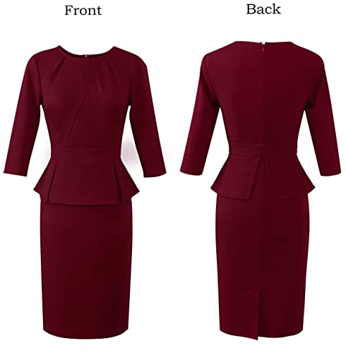 Image of VFSHOW Womens Pleated Crew Neck Peplum Slim Work Business Dress Elegant 3 /4 Sleeves Office Church Bodycon Pencil Sheath Dress