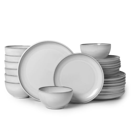 Image of Pokini Stoneware Dinnerware Sets for 8, 24pcs Plates and Bowls Sets Dishes | Reactive Glaze Ceramic Dish Set, Microwave & Dishwasher Safe, Highly Chip and Crack Resistant Dishware sets, Moonstone White