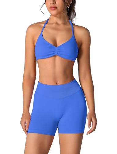 Image of ABOCIW Womens Seamless Workout Sets 2 Piece Strappy Halter Sports Bra Scrunch Butt Shorts Gym Yoga Outfits