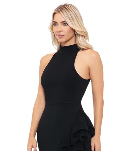 Betsy & Adam Women's Sleeveless High Neck Ruffle Detail Asymmetrical Hem Dress3