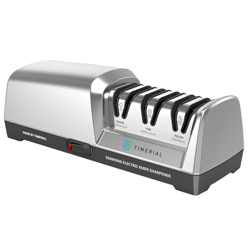TIMERIAL Elektrischer Messerschärfer 3-Stufen-Diamantschleifscheibe 15° Präzisions-Winkelführung, zum Schärfen und Polieren von Küchenmessern aus Stahl, 120 Grit und 600 Grit und 1000 Grit
