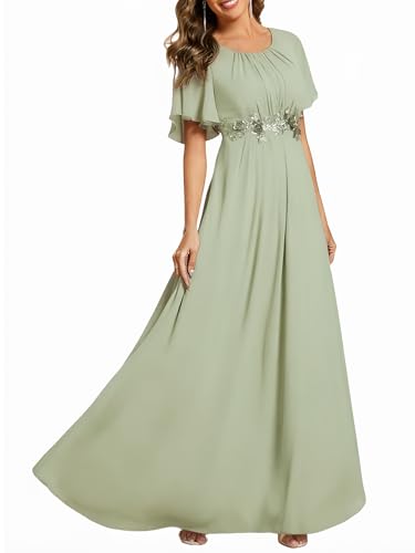 Image of Ever-Pretty Women's Classic Round Neck Pleated Short Sleeves Chiffon Appliques Floor Length A Line Formal Evening Dresses