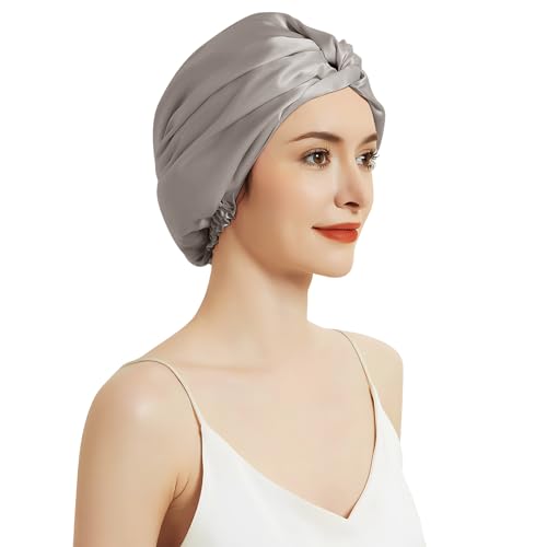 SILKTALE 100% Mulberry Silk Bonnet for Sleeping Sleep Cap for Women/Men,Double Layer 19 Momme Grade 6a Turban for Curly Hair Grey