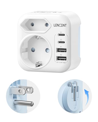 LENCENT Klappbarer Reiseadapter USA Deutschland Stecker, Netzadapter Typ B, Reisestecker mit 2 USB-C 2 USB-A Anschlüße, Adapter für American, Mexiko, Kanada, Thailand, Costa Rica Steckdosen