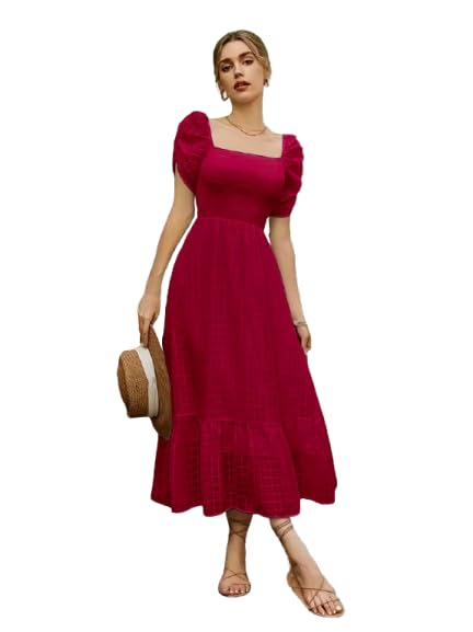 Girl's & Women's Solid A-Line Ruched Puff Sleeve Maxi Long Evening One Piece Long Dress for Women Stylish