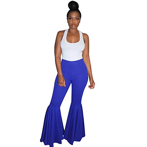 Adogirl Women Ruffle Flare Bottom Pants Bodycon Wide Leg Bell Bottoms Floor Length Pants Blue 3XL