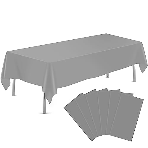 Image of tujol Silver 6 Pack Plastic Table Cloth 54 inch x 108 inch, Disposable Tablecloths Rectangle Table Cover, Plastic Tablecloths for Parties