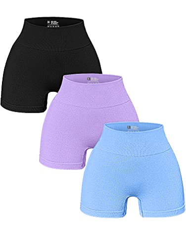 OQQ Women's 3 Piece Yoga Ribbed Seamless Workout High Waist Athletic Legging Shorts, Black/Lavender/Candyblue, Large