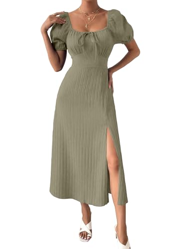 Image of Shasmi Women's & Girl's Tie Front Split Thigh Milkmaid Maxi Dress - Square Neck Puff Sleeve A-Line Long Dress, Elegant Casual & Parties Wear for Ledies (Dress 245)