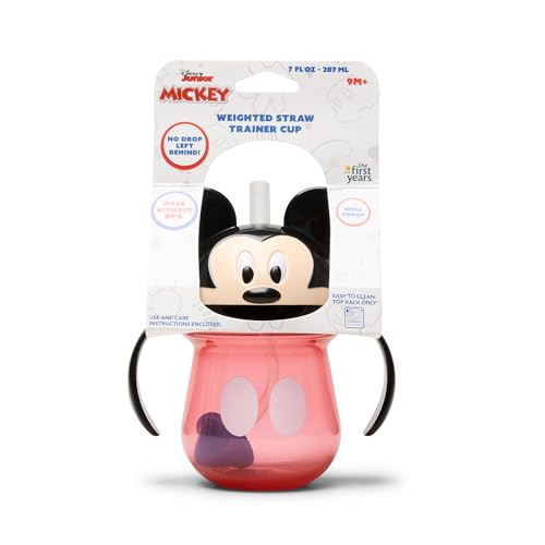 Image of The First Years Disney Mickey Mouse Weighted Straw Cup - Spill Proof Toddler Cups with Flip Top Cover and Silicone Straw - Dishwasher Safe - 7 Oz - 6 Months and Up, Small (Pack of 12)