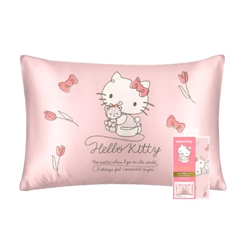 Utukky シルク枕カバー サンリオキャラクターズ ハローキティ 枕カバー 43×63cm 片面100%シルク 封筒式まくらカバー すべすべ 光沢感 洗える 四季適応 可愛い サンリオキャラクターズ 枕カバー 1枚入り