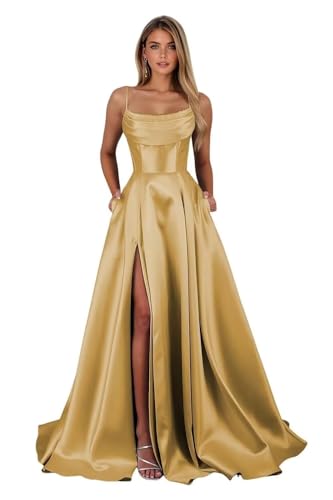 A Line Satin Long Prom Dress with Slit for Women, Spaghetti Straps Formal Evening Party Dress with Pockets